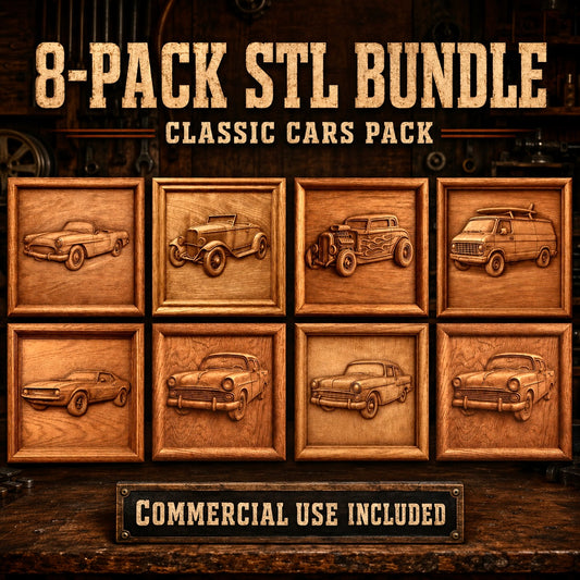 Experience the Classic Car Collection 8-Pack STL Bundle by Form Arcade — a set of intricately carved wooden plaque designs featuring vintage cars, perfect for woodworking wall art and CNC relief carving. This Vintage Car CNC Relief Pack displays “Classic Car Collection 8-Pack” and “Commercial Use Included” on a rustic background.