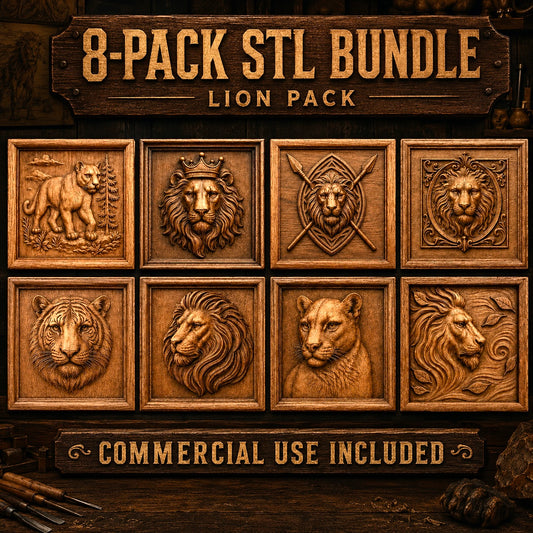 Eight lion relief carvings in various styles are arranged in two rows of four, with the text “Lion Relief Collection 8-Pack CNC STL Bundle | Big CNC Wall Art” above and “Commercial Use Included” below. Offered by Form Arcade, this collection features CNC-ready STL files—ideal for woodworking projects—making each lion design easy to use for relief carving.