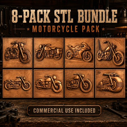 Eight engraved wooden plaques display unique motorcycle designs, perfect for CNC wall art projects. The text highlights “Motorcycle Collection 8-Pack STL Bundle | CNC Wall Art” by Form Arcade, with commercial use included. Set against a backdrop of workshop tools and rustic décor, this collection is ideal for woodworking enthusiasts looking to enhance their CNC creations.