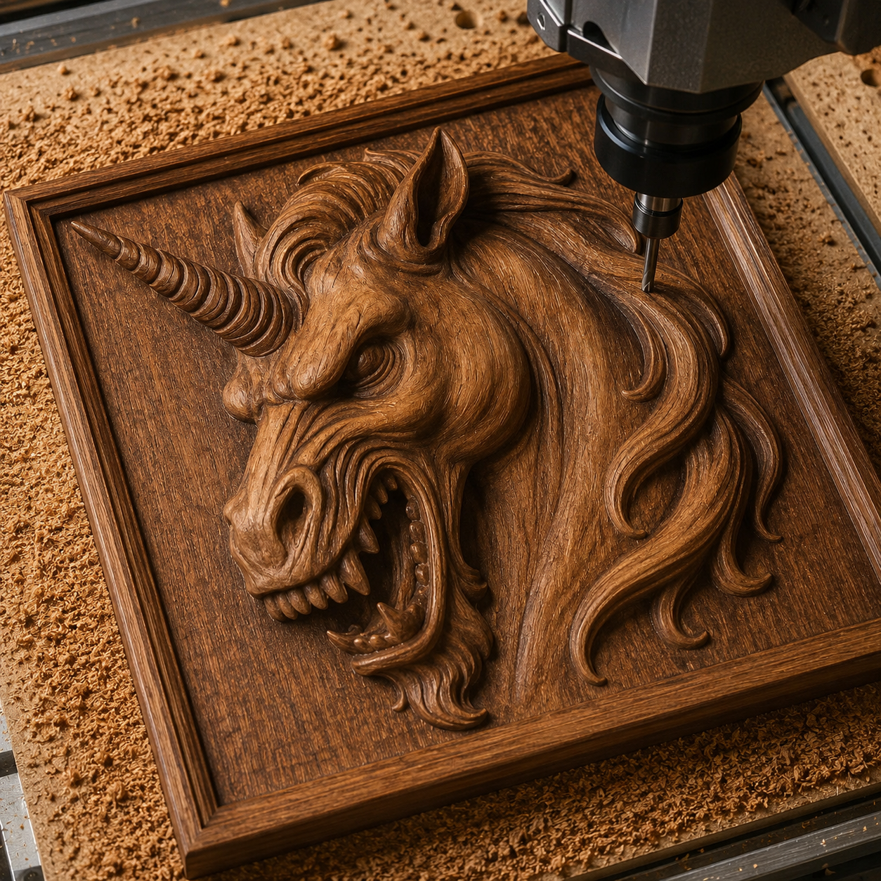 The Evil Unicorn Head Relief STL File from Form Arcade features a detailed and fierce unicorn head with a flowing mane and open mouth, expertly designed for CNC carving into wood panels—ideal as striking woodworking wall art or creative inspiration for your next bas relief project.