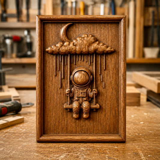 The Dreaming Astronaut Relief STL File by Form Arcade features a beautifully detailed wooden carving of an astronaut sitting on a swing beneath a cloud and crescent moon, with falling raindrops, displayed in a workshop. This space-themed wall art is ideal for CNC relief carving enthusiasts.