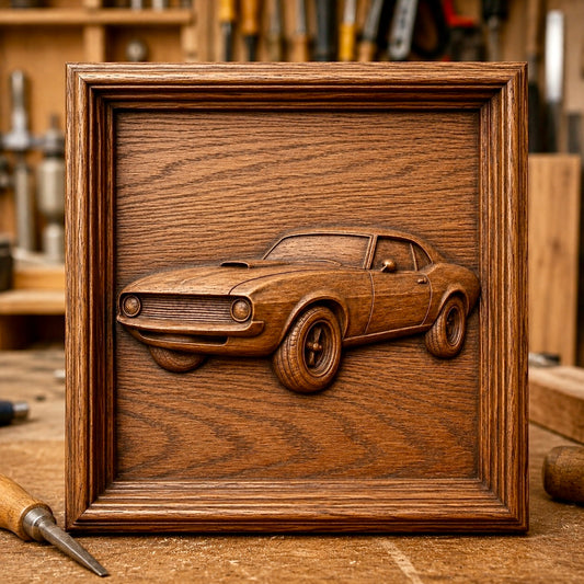 Showcase your passion for classic automobiles with the "Vintage Muscle Car Relief STL File | CNC Wall Art" from Form Arcade. Perfect for any automotive or woodworking enthusiast, this detailed CNC relief design features a classic muscle car and is ideal for creating stunning framed wall art in your woodshop or workspace. Surrounded by woodworking tools and materials, this unique digital file captures the vintage spirit of muscle cars—making it a standout addition to your creative collection.
