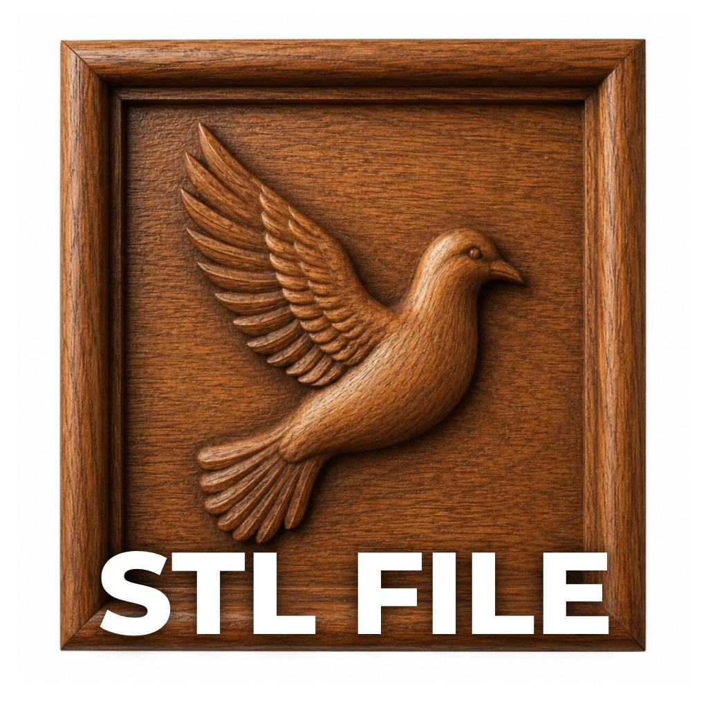 A wooden relief carving of a flying dove is framed in a square panel, ideal for CNC carving or 3D printing. "Flying Dove Relief STL File | Dove Bird CNC Wall Art by Form Arcade" appears in bold white letters at the bottom.