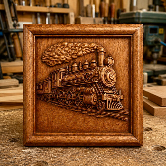 A wooden carving created from the "Steam Train Relief STL File | Train CNC Wall Art" by Form Arcade is displayed upright on a workbench, with woodworking tools and materials visible in the softly blurred background. This piece beautifully showcases the classic charm of steam trains through CNC relief woodworking wall art.