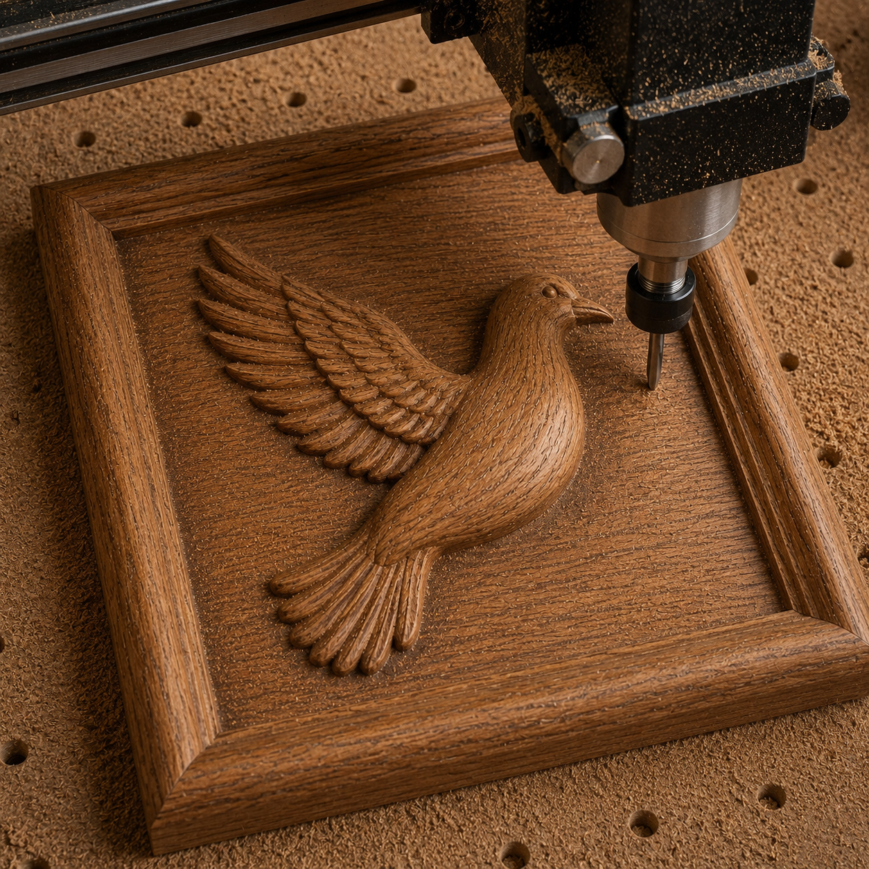 The Flying Dove Relief STL File | Dove Bird CNC Wall Art by Form Arcade features a detailed dove with outstretched wings on a square plaque. Perfect for CNC carving, 3D printing, or wall decor projects seeking elegant bird relief designs.