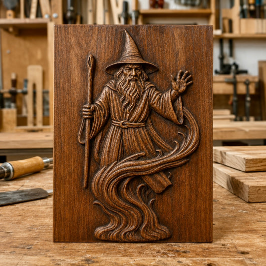The Wizard Spirit Relief STL File by Form Arcade showcases a fantasy CNC wall art design featuring an intricately carved wizard with a staff, hat, and robe, along with swirling magic at his feet. Displayed on a workbench in a woodworking shop, this unique piece highlights the fine relief carving techniques possible with this digital file.