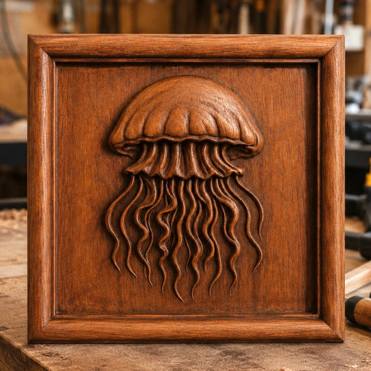 A detailed jellyfish relief is centered on a square panel with a raised border, its tentacles flowing downward—crafted using the Jellyfish Relief STL File | Ocean CNC Wall Art by Form Arcade. Displayed in a workshop setting, this piece highlights the precision and inspiration that CNC carving brings to woodworking projects.