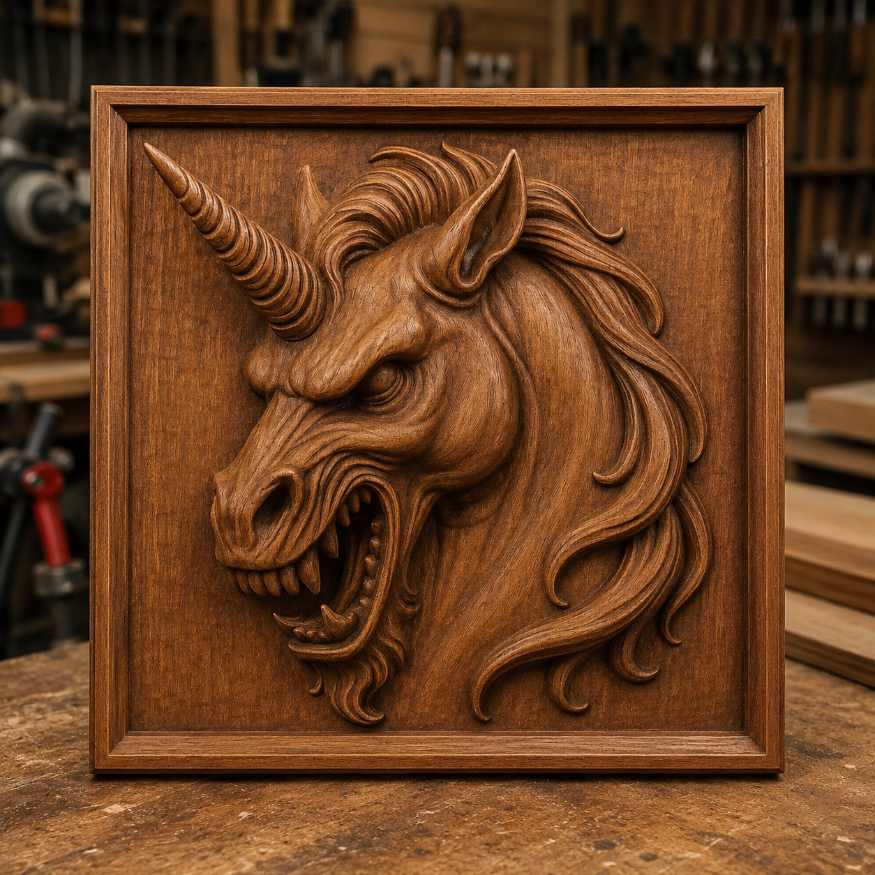 A striking wooden relief carving of a fierce unicorn head with an elongated horn stands upright on a workbench in a woodworking shop. This impressive piece of wall art was crafted using the Evil Unicorn Head Relief STL File | Unicorn CNC Wall Art by Form Arcade.