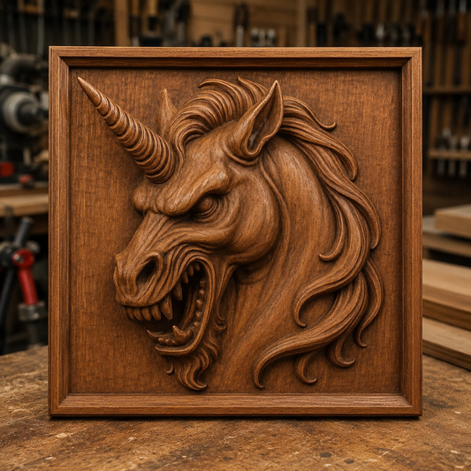 A striking wooden relief carving of a fierce unicorn head with an elongated horn stands upright on a workbench in a woodworking shop. This impressive piece of wall art was crafted using the Evil Unicorn Head Relief STL File | Unicorn CNC Wall Art by Form Arcade.