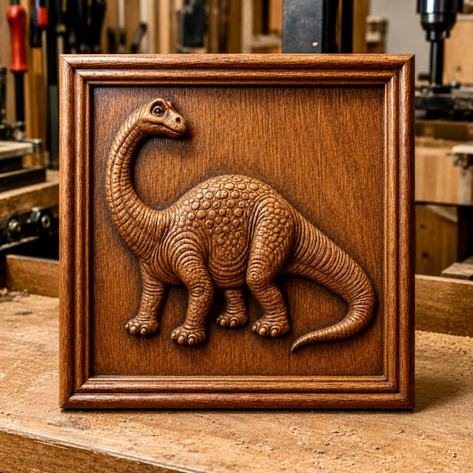Form Arcade’s "Brachiosaurus Relief STL File | Dinosaur CNC Wall Art" is a digital design featuring a detailed bas relief of a long-necked Brachiosaurus, perfect for creating woodworking wall art, shown here displayed on a workbench in a woodworking shop.