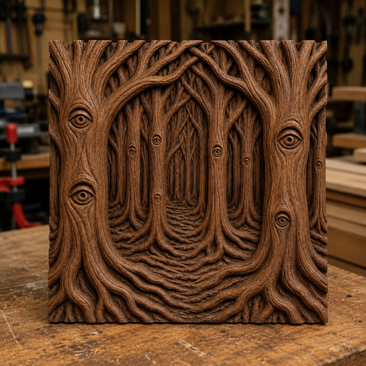 A detailed wooden carving, created using the "Haunted Forest Relief STL File | Dark CNC Wall Art" from Form Arcade, depicts a forest of trees with twisting roots and branches. Each tree displays a carved eye on its trunk, lending an eerie and mysterious vibe reminiscent of haunted forest STL designs. This woodworking wall art piece is showcased on a workbench in a woodshop.