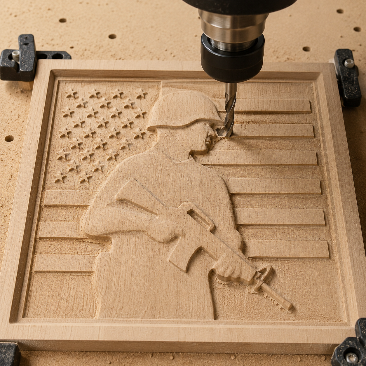 The Soldier Flag Relief STL File by Form Arcade allows you to create military CNC wall art—a detailed wooden plaque showcasing a soldier with a rifle against an American flag, making it a standout piece of woodworking décor.