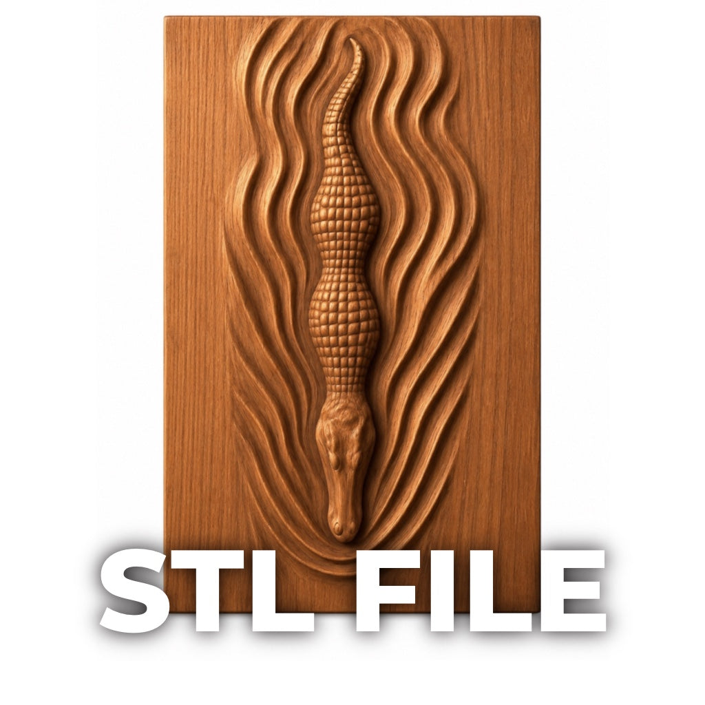 A 3D wood carving of an alligator with wavy lines on a rectangular panel, perfect for CNC or 3D printing. "Alligator Relief STL File | Crocodile Wildlife CNC Wall Art" by Form Arcade appears in bold white letters at the bottom.