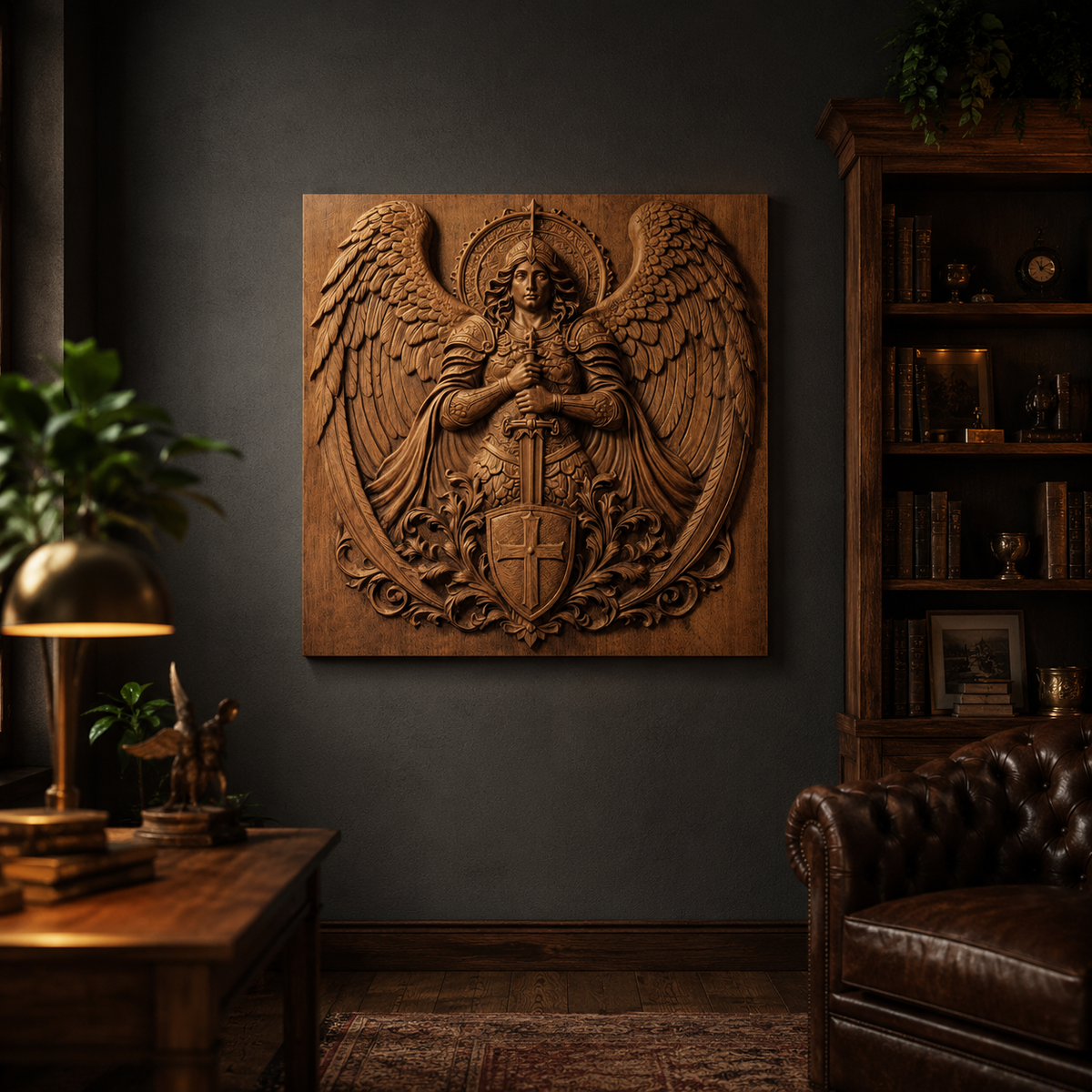A captivating piece of religious wall art—the Archangel Guardian Relief from Form Arcade—hangs on a dark wall in a cozy, traditional library adorned with leather furnishings and bookshelves. Skillfully crafted using the Archangel Guardian Relief STL File for CNC carving, this panel depicts a winged figure holding a sword and shield.