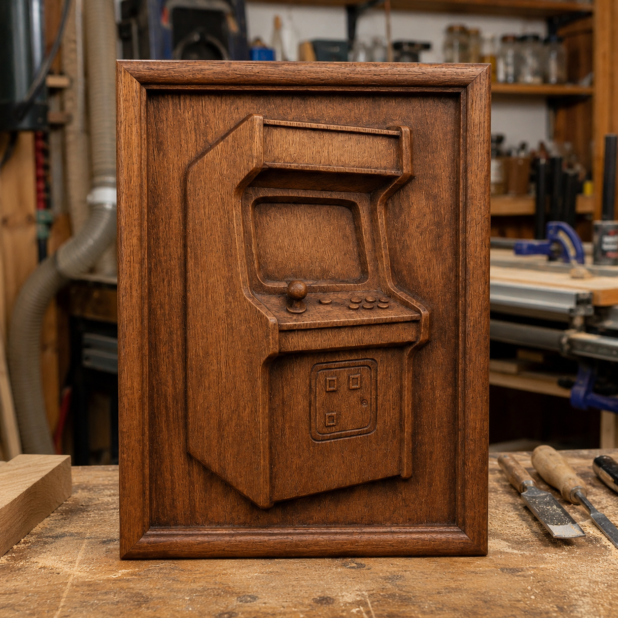 A plaque created from the "Arcade Machine Relief STL File | Retro CNC Wall Art" by Form Arcade, featuring a CNC-carved arcade machine design, stands on a workbench in a woodworking shop.