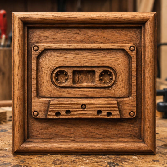 A Cassette Tape CNC Relief, crafted from the “Cassette Tape CNC Relief STL File | Retro CNC Wall Art” by Form Arcade, is framed and showcased on a workbench in a woodworking shop.