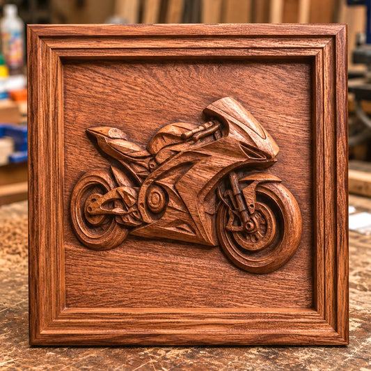 A detailed CNC relief carving of a sport motorcycle, created from the “Sport Motorcycle CNC Relief STL File | Sport CNC Wall Art” by Form Arcade, is framed in a square wooden frame and displayed on a workshop table with blurred tools and wood in the background.
