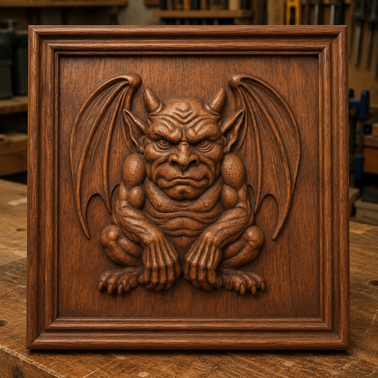 Showcasing expert CNC relief carving techniques, the "Stone Gargoyle Relief STL File | CNC Wall Art" by Form Arcade features a detailed wooden carving of a crouching winged gargoyle, framed in a square wooden border. This striking decorative wall art is displayed on a workbench with tools in the background, reflecting the intricate design often found in Form Arcade's Stone Gargoyle STL creations.