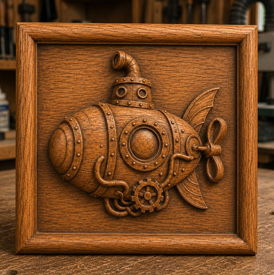 The Steampunk Submarine Relief STL File by Form Arcade features a detailed CNC-carved wooden plaque depicting a submarine with a round window, rivets, propeller, and gears, set against a workshop backdrop—perfect for showcasing relief carving techniques and ideal for woodworking projects or unique wall art.