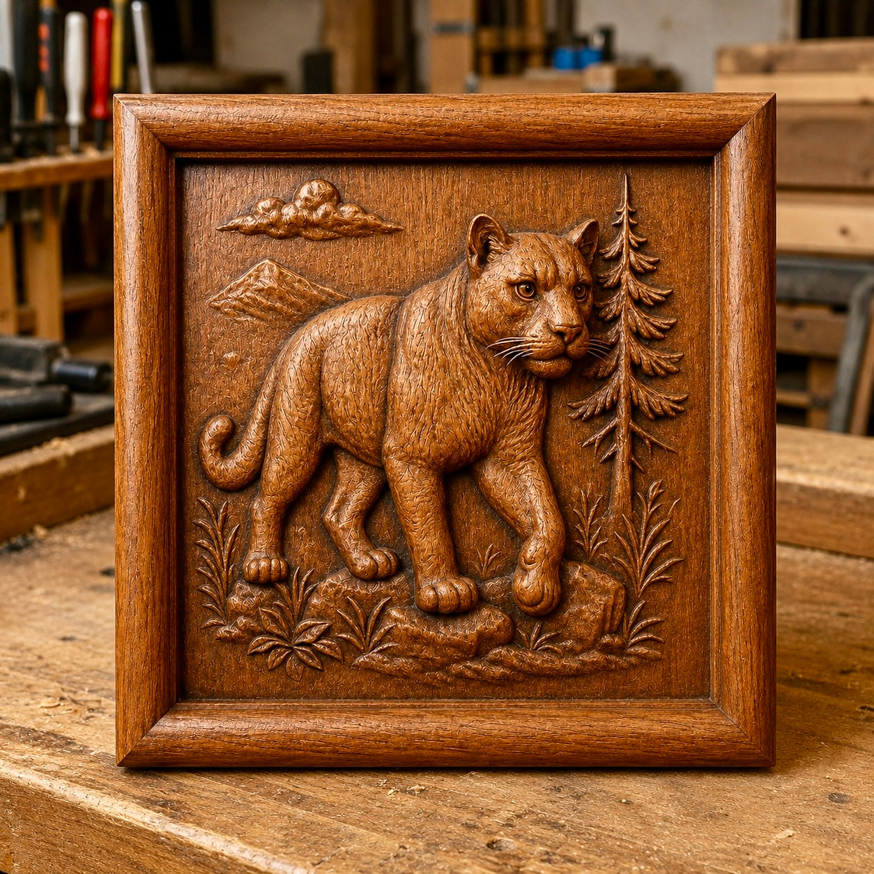 The Mountain Lion Relief STL File | Cougar CNC Wall Art by Form Arcade features a wooden bas relief carving of a mountain lion walking among trees and grass, set against a backdrop of mountains and clouds; the framed piece is displayed on a wooden workbench in a workshop.