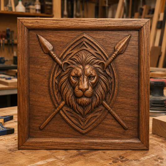 The Lion Spear Crest Relief STL File by Form Arcade features a detailed lion’s head at the center with two crossed spears, all set against an ornate background—perfect for heraldic CNC wall art enthusiasts and a bold addition to any lion-themed decor collection.