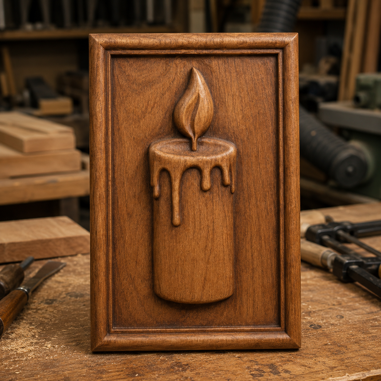 The Candle Flame Relief STL File by Form Arcade, featuring a candle with a flame and melting wax, is displayed upright on a workbench as CNC wall art decor.