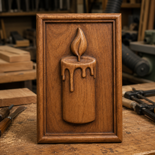 The Candle Flame Relief STL File by Form Arcade, featuring a candle with a flame and melting wax, is displayed upright on a workbench as CNC wall art decor.