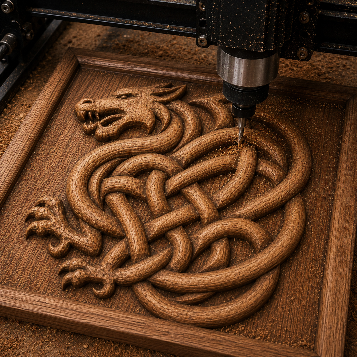 The Celtic Dragon Knot Relief STL File by Form Arcade lets you create detailed dragon CNC wall art, carving a Celtic knot design in bas relief on a square wooden panel.