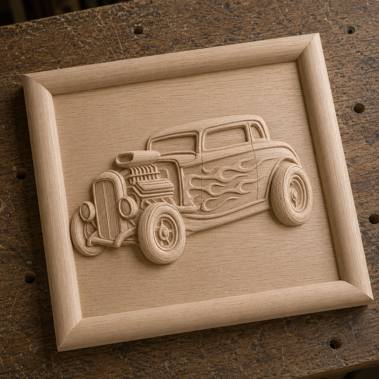 Form Arcade’s Classic Car Collection 8-Pack STL Bundle features vintage car CNC reliefs, including a classic hot rod with side flames—ideal for carving projects on your workbench.