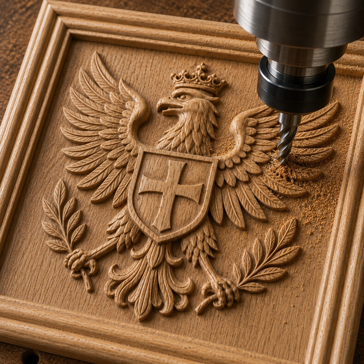 The Form Arcade Imperial Eagle Crest Relief STL File lets a CNC machine carve a heraldic eagle with crown, shield, and laurels into wood, creating detailed wall art while wood shavings gather around the cutting tool.