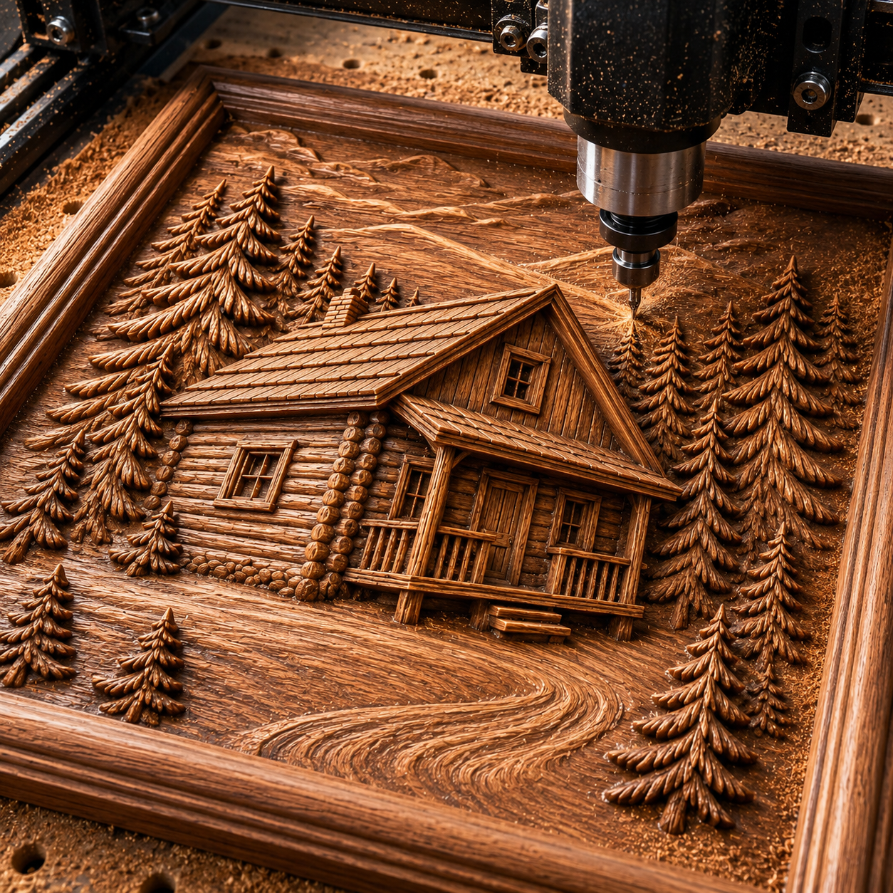 The Log Cabin Forest Relief STL File by Form Arcade is a CNC wall art design featuring a detailed log cabin among pine trees and mountains, perfect for creating decorative wooden bas reliefs.