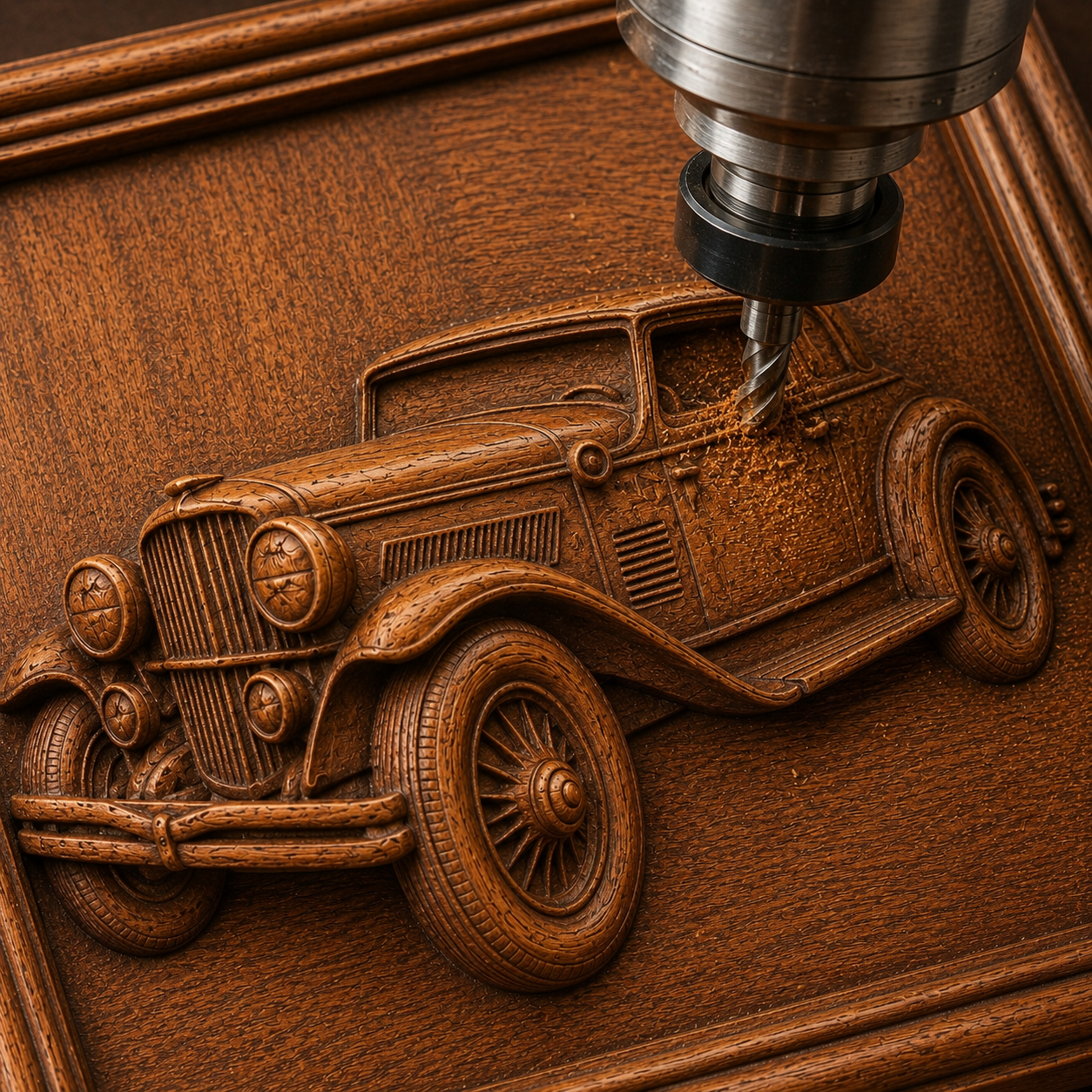 The Vintage Car Relief STL File | Classic Car CNC Wall Art by Form Arcade features a detailed vintage car design for CNC carving, making an ideal decorative panel or bas relief STL file for woodworking projects.