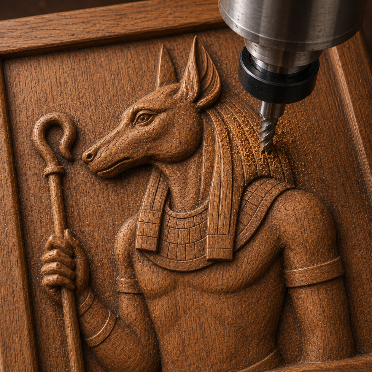 Form Arcade’s Anubis Egyptian God Relief STL File lets you carve a detailed image of Anubis on wood—ideal for striking Egyptian CNC wall art or woodworking projects.