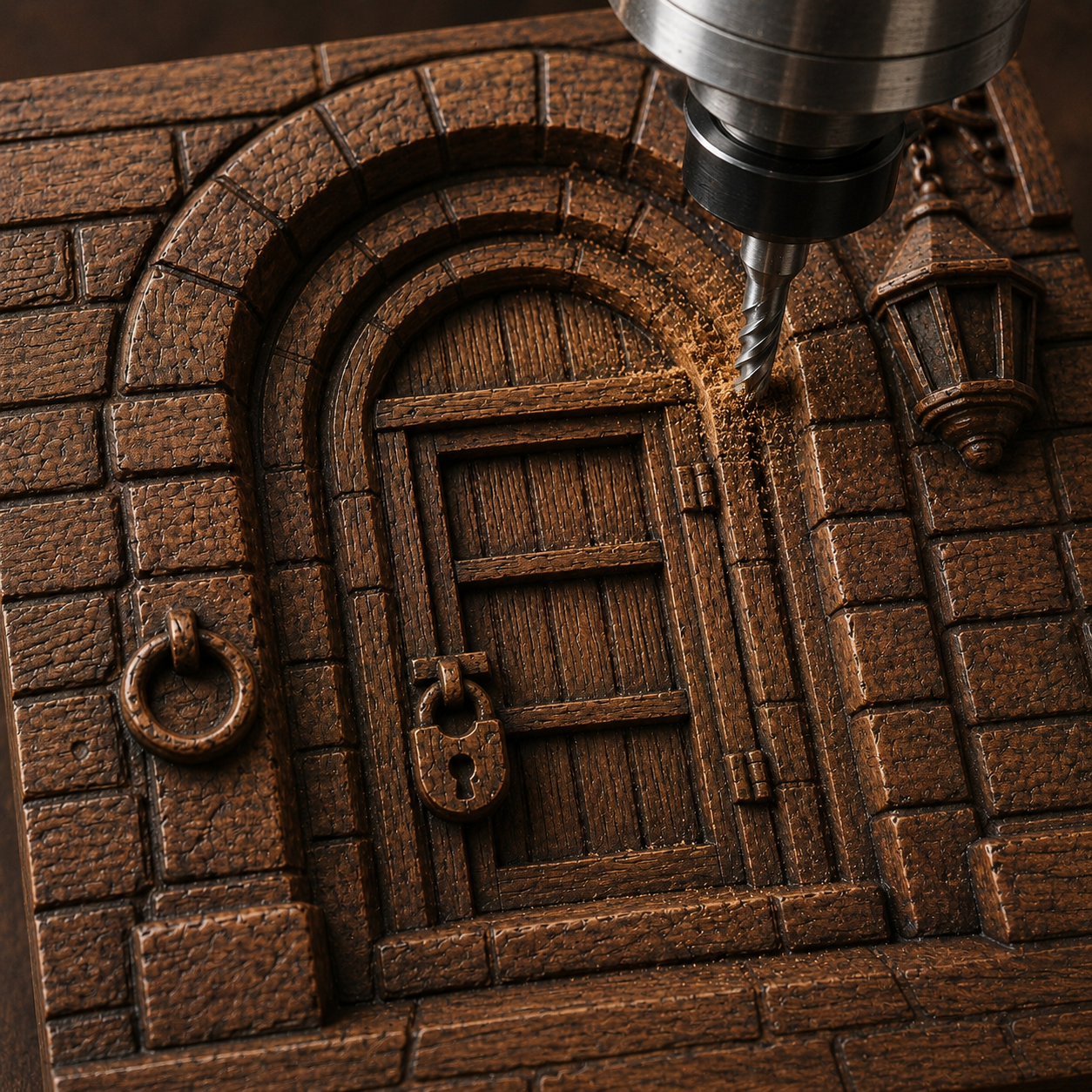 The Fantasy Castle Gate Relief STL File by Form Arcade features a detailed bas relief of an arched doorway, brickwork, padlock, knocker, and lantern—perfect CNC wall art for castle-themed décor.