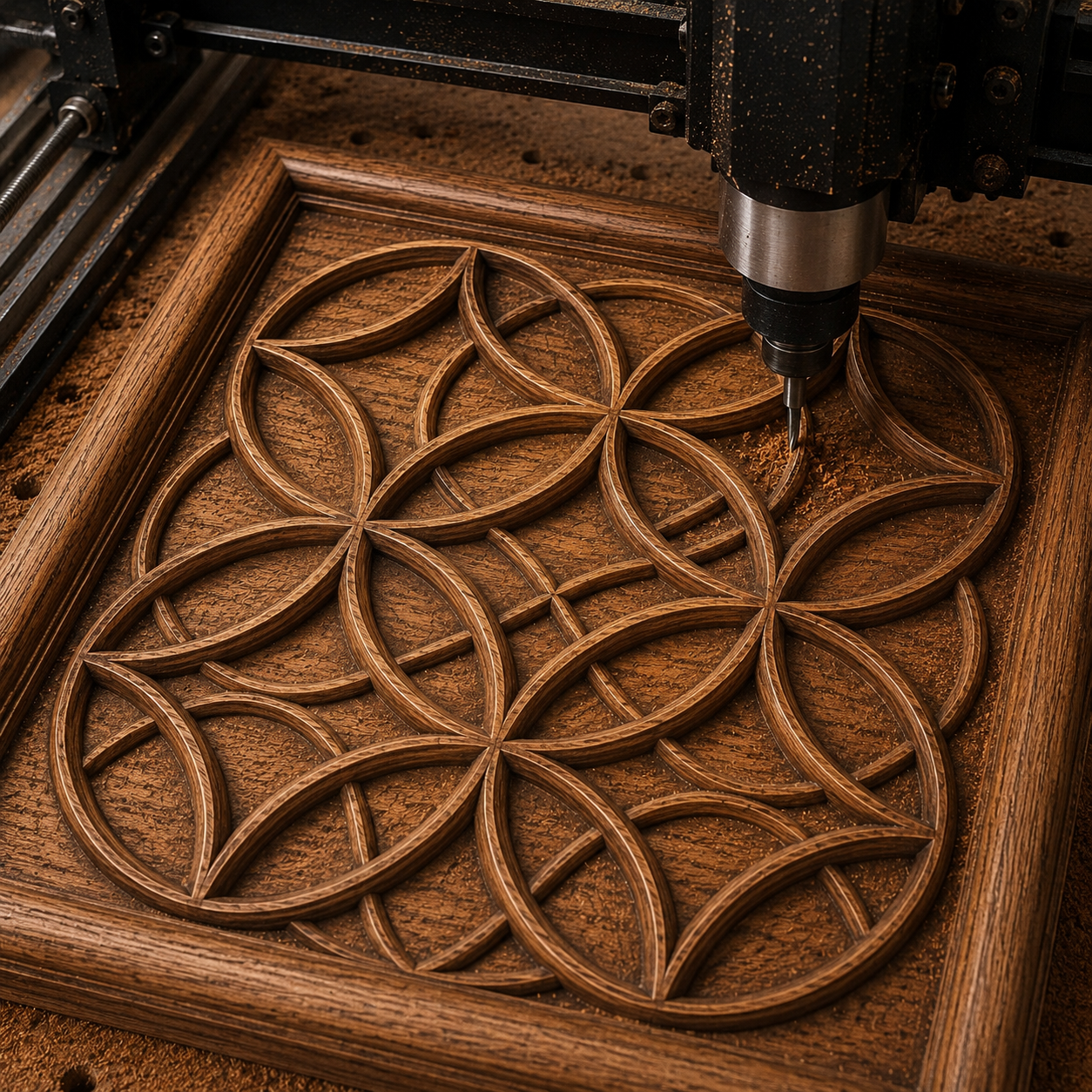 The Form Arcade Sacred Geometry Flower Relief STL File lets a CNC machine carve overlapping circular geometric patterns into wood, producing striking wall art. Wood shavings collect around the tool as it creates this decorative design.