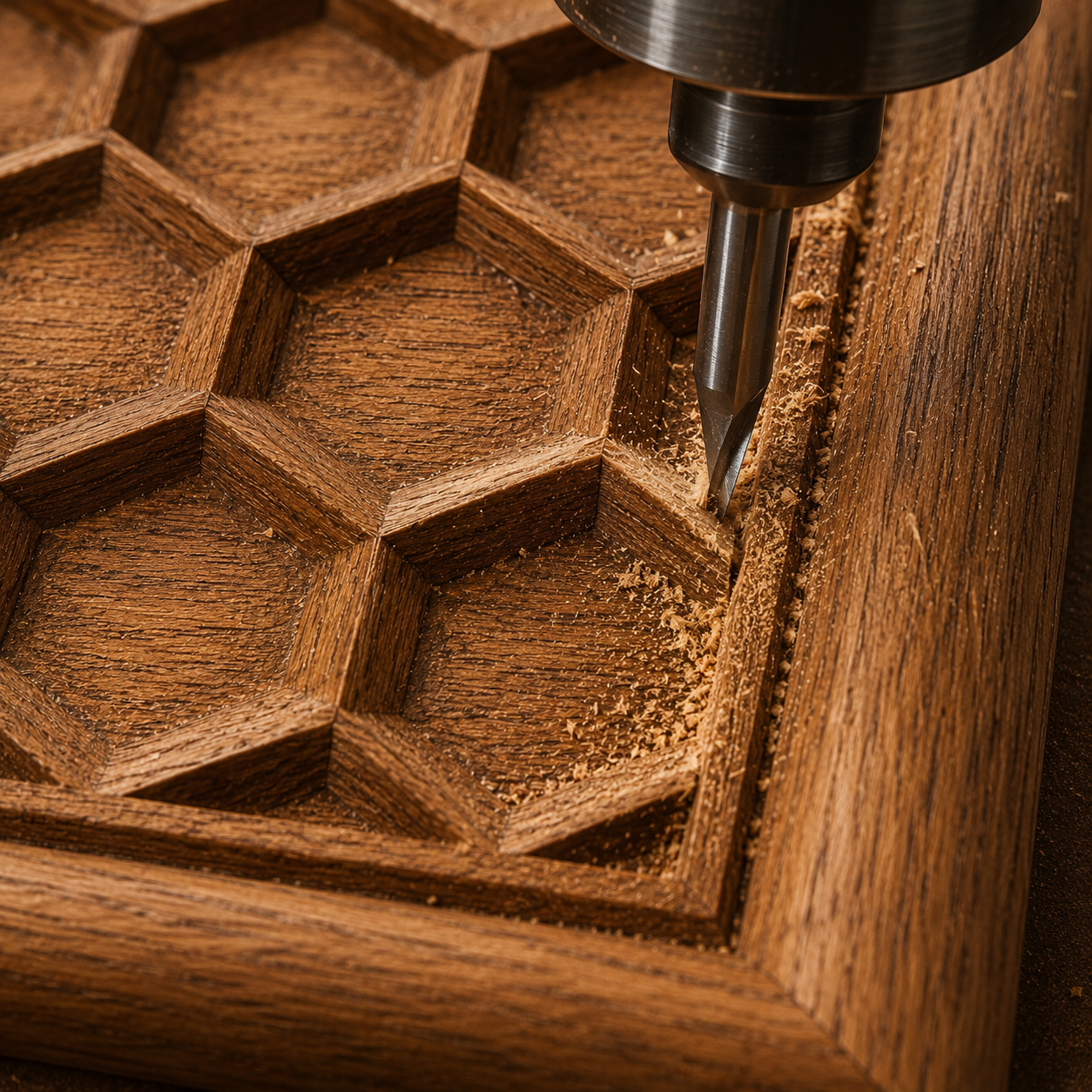 The Form Arcade Honeycomb Geometric Relief STL File | Hex Pattern CNC Wall Art creates a detailed honeycomb design as your CNC machine carves the hex pattern into wood, with fine shavings forming while the decorative relief emerges.