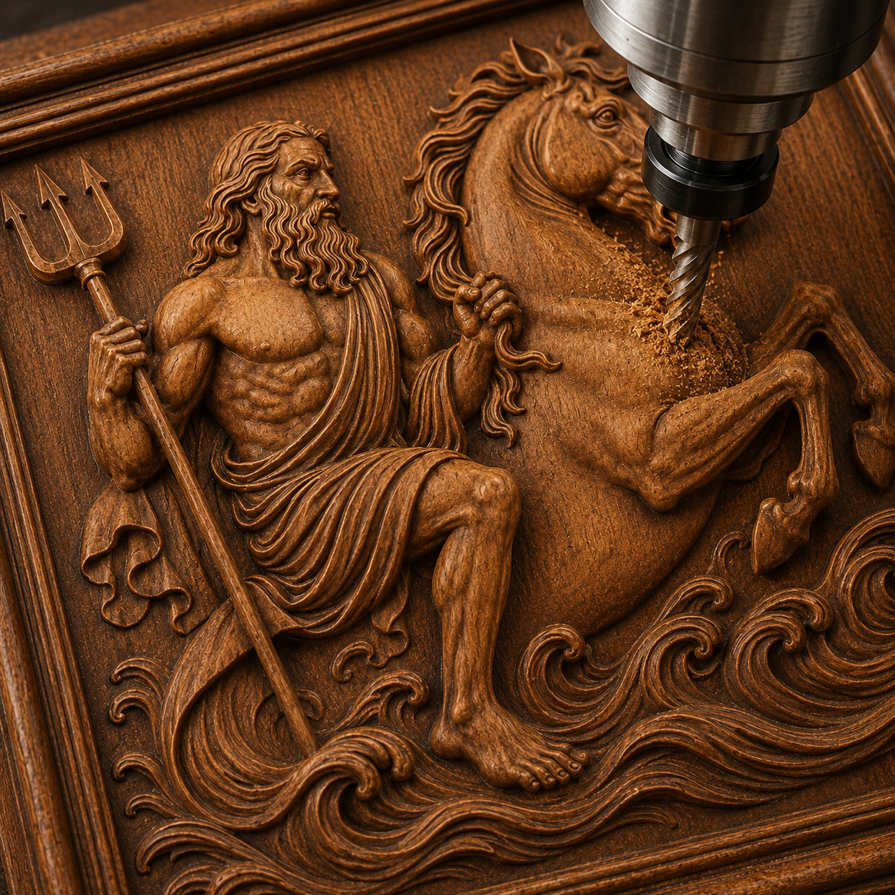 Form Arcade's Poseidon Sea God Relief STL File lets your CNC carve Greek mythology wall art, featuring Poseidon holding a trident, riding a horse through waves with intricate details.
