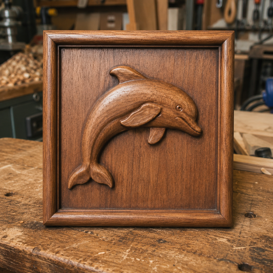 A "Dolphin Relief STL File | Dolphin CNC Wall Art" by Form Arcade is displayed on a workbench in a woodworking shop, showcasing the artistry of CNC relief carving.