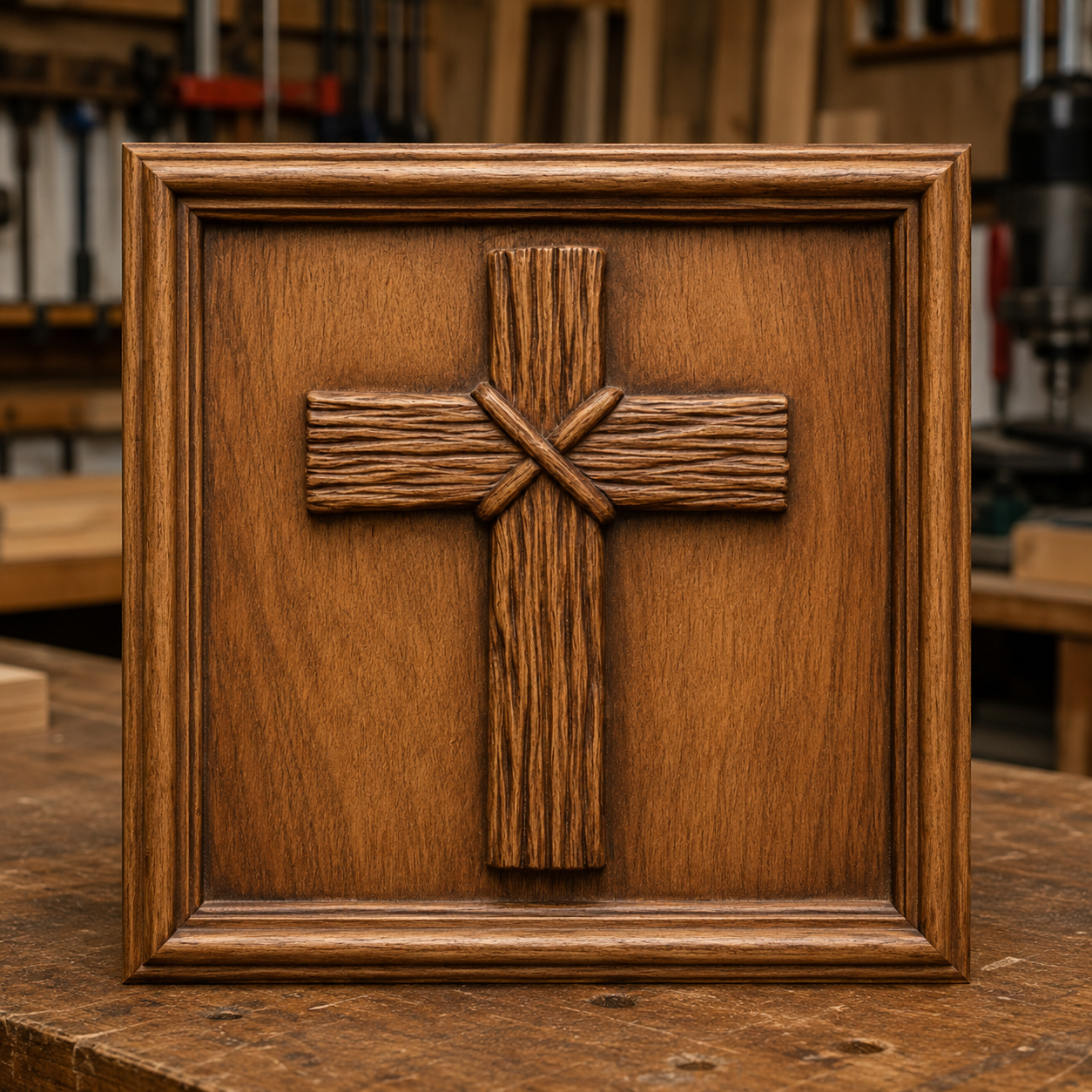 A wooden plaque, based on the “Christian Cross CNC Relief STL File | Religious CNC Wall Art” by Form Arcade, featuring a raised rustic cross design carved through woodworking, sits on a workbench in a workshop with tools and shelves visible in the background.