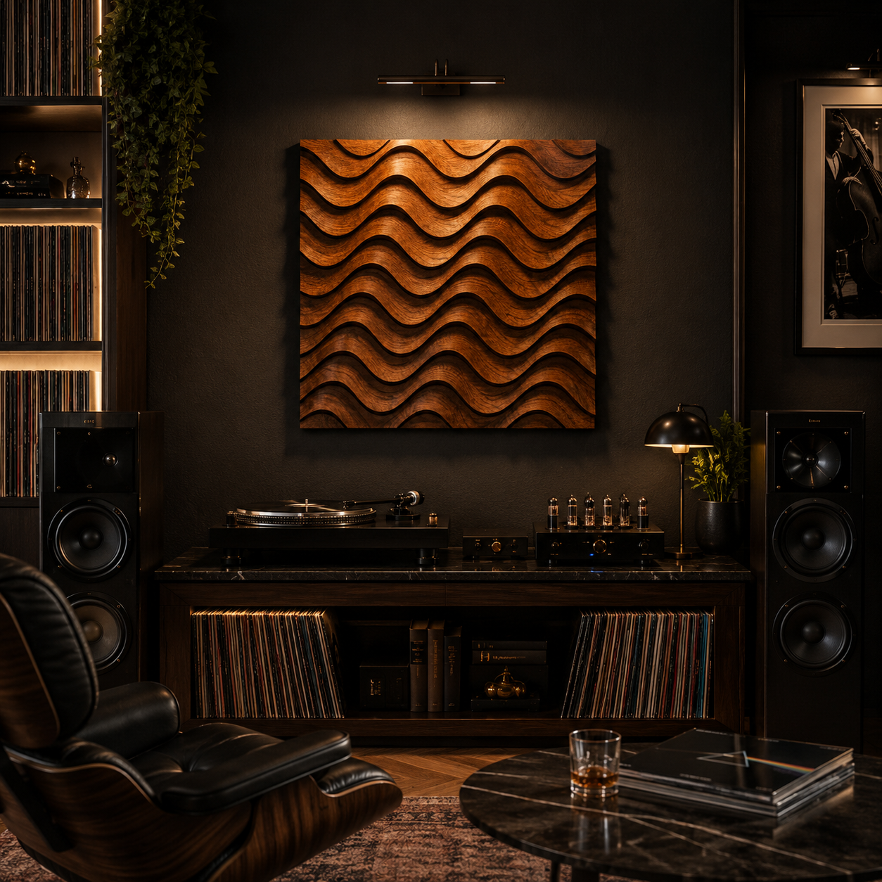 A stylish, dimly lit room showcases a turntable, speakers, vinyl records, and the Abstract Wavy Acoustic Panel Relief STL File by Form Arcade—a modern CNC wall art piece—mounted above the setup. An armchair, small table, lamp, and a glass of whiskey complete this inviting scene—ideal inspiration for woodworking projects or CNC relief carving enthusiasts.