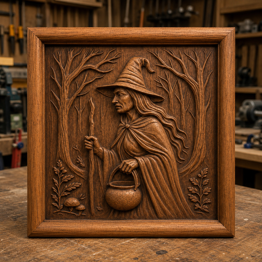 Introducing the "Forest Witch Relief STL File | Fantasy CNC Wall Art" by Form Arcade—a decorative wall art piece showcasing a wooden relief carving of a witch holding a staff and cauldron, donning a pointed hat, and encircled by trees and plants, beautifully displayed in a workshop.