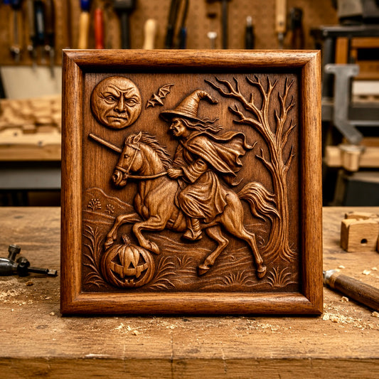 A beautifully crafted Witch Riding Horse Relief STL File by Form Arcade features a witch riding a horse, surrounded by a jack-o-lantern, bats, a bare tree, and an expressive moon face—all set in an atmospheric woodworking studio. This Halloween CNC Wall Art design is ideal for creating striking and unique decorative relief projects perfect for the season.
