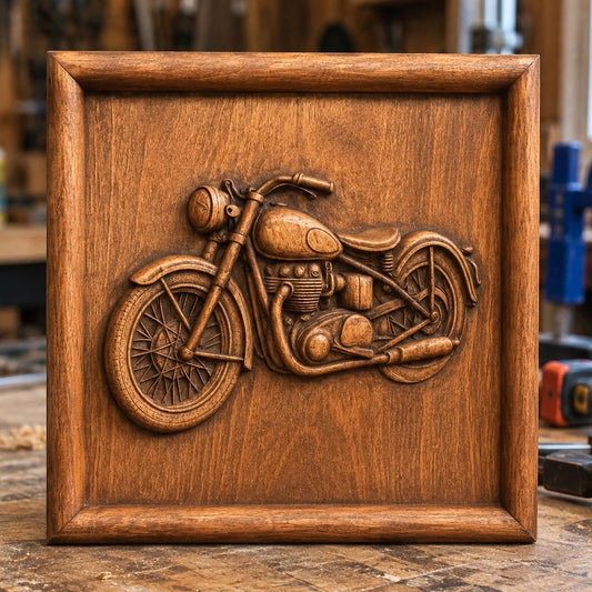 A wooden frame showcases the “Classic Motorcycle Relief STL File | Motorcycle CNC Wall Art” by Form Arcade, featuring a detailed CNC-carved classic motorcycle design, displayed on a workshop table with blurred tools in the background.