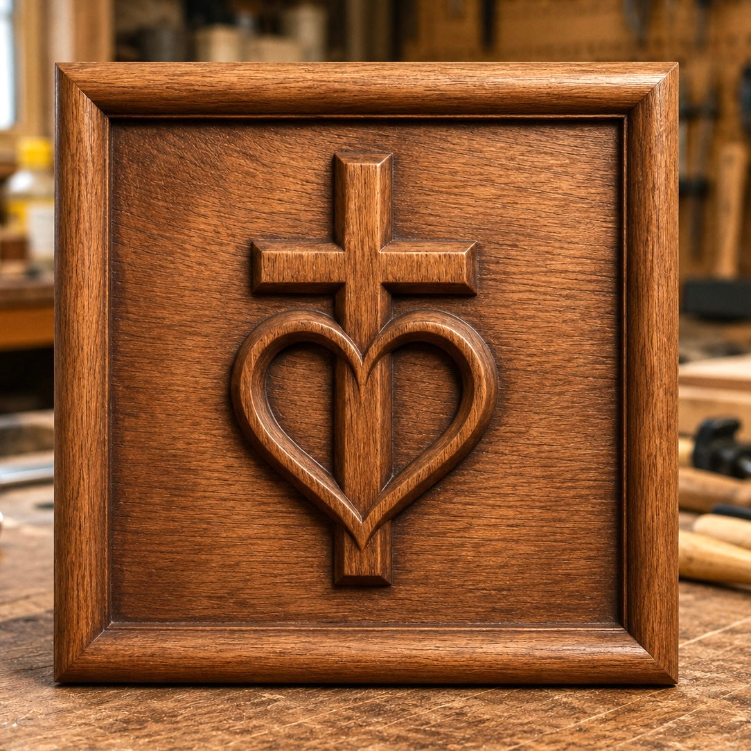 The Sacred Heart Cross CNC Relief STL File by Form Arcade features a wooden plaque with a raised, intricately carved cross above a heart, both expertly brought to life using advanced CNC relief techniques. Inspired by religious woodworking projects, this wall art design is perfect for anyone seeking high-quality spiritual decor. In the background, a blurred workshop with tools and wood highlights the craftsmanship behind the piece.