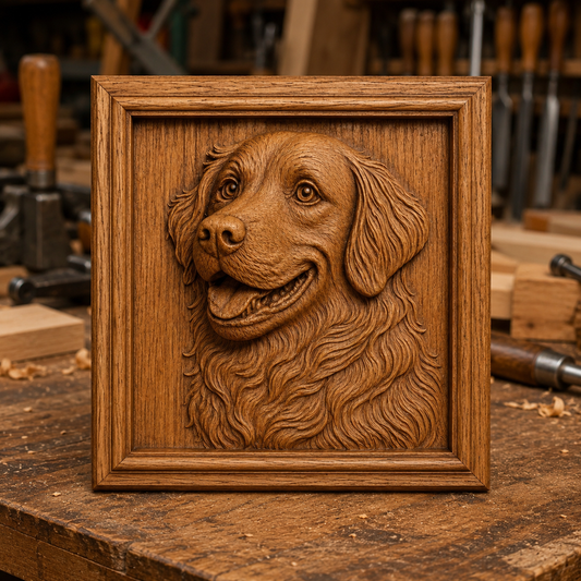 The Smiling Dog Portrait Relief STL File by Form Arcade is a CNC wall art design featuring a detailed smiling dog, perfect for wood carving projects and adding artistry to your decor.
