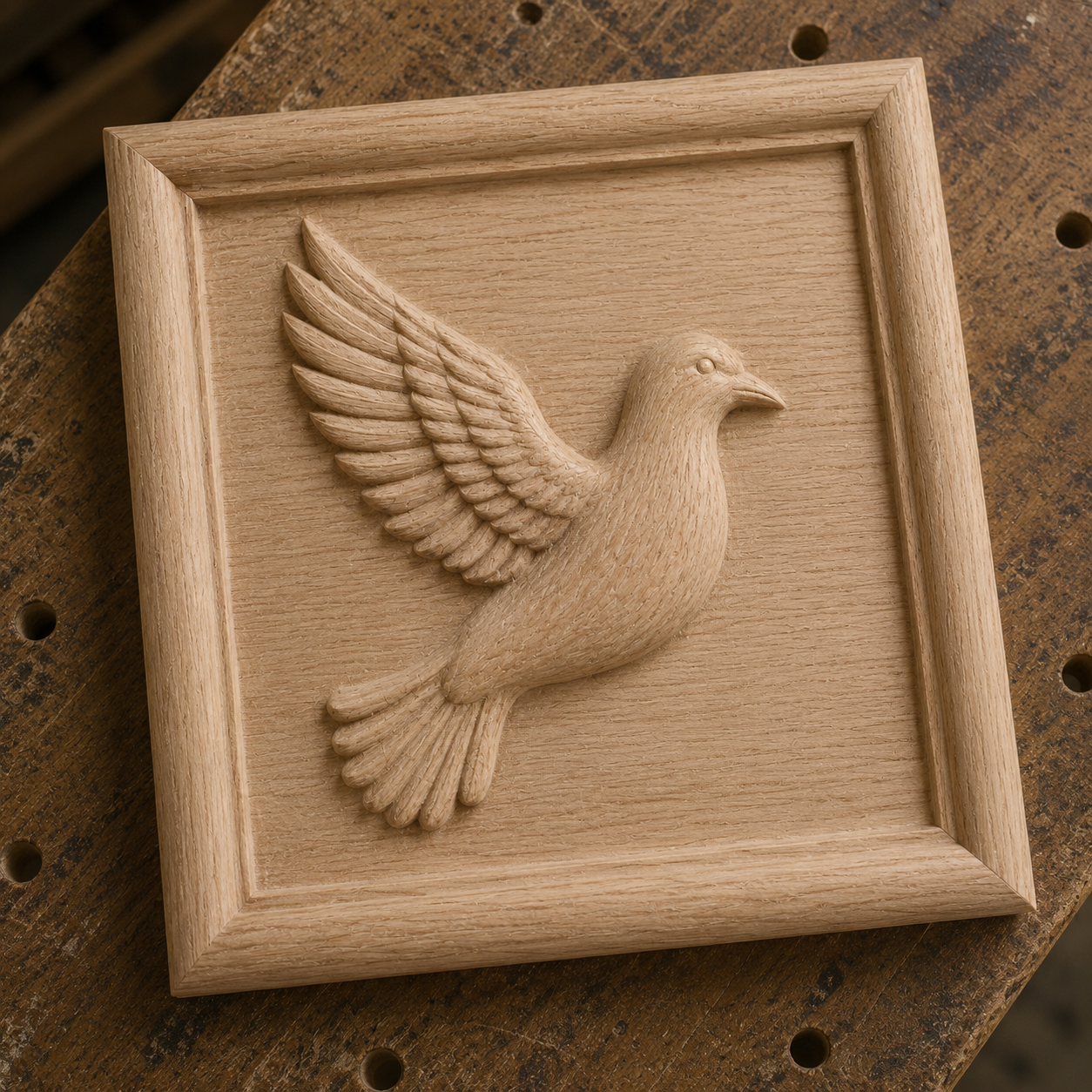 The Flying Dove Relief STL File by Form Arcade is a square wooden plaque for CNC carving, depicting a bird in flight with detailed feathers and outstretched wings, all framed by a raised border—ideal for wall art.