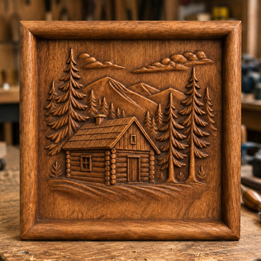 The Mountain Cabin CNC Relief STL File by Form Arcade features a rustic log cabin nestled among tall pine trees and mountains with clouds overhead, framed in wood—a perfect inspiration for your next woodworking or CNC wall art project.