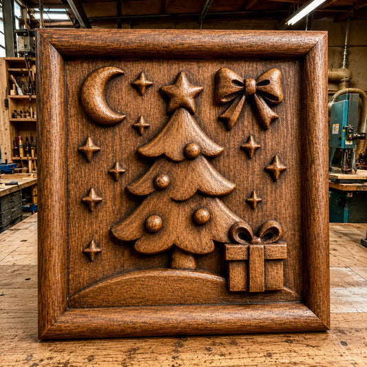 Form Arcade’s "Christmas Tree Gift Relief STL File | Holiday CNC Wall Art" showcases a beautifully carved wooden panel featuring a Christmas tree, stars, a crescent moon, a bow, and a wrapped gift. Designed for CNC relief carving, this bas relief STL file highlights fine craftsmanship and festive detail—perfect for woodworking shops and holiday decor projects.