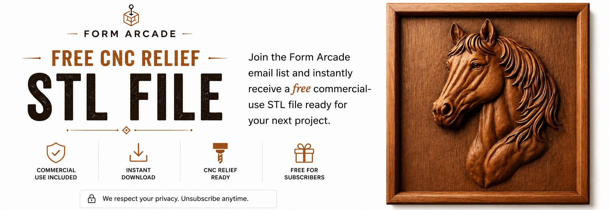 Wooden relief sculpture of a horse head with Form Arcade branding and text about free CNC relief STL file offer.