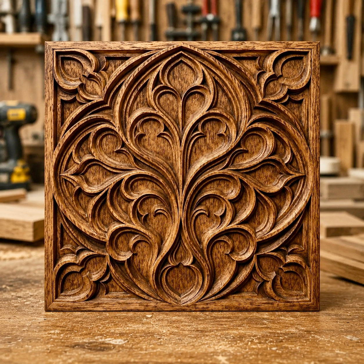 A Decorative Ornament Relief STL File by Form Arcade rests on a workbench in a woodworking shop, exhibiting intricate, ornate floral carvings that exemplify the detailed craftsmanship of CNC wall art. Blurred tools and wooden planks in the background highlight this elegant CNC design file as a refined addition to any space.